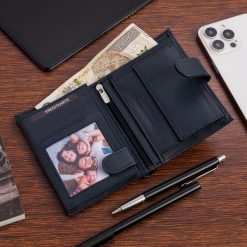 Męski portfel skórzany klasyczny granatowy pionowy Beltimore D49. Niebieskie portfele męskie bez wzorów. Za 44.91 zł.