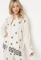 Biało-Czarna Koszula z Lnu i Wiskozy Ozdobiona Haftem w Stylu Etno Alarisa. Białe koszule damskie Born2be, bez wzorów, z jeansu, eleganckie, bez kołnierzyka, bez ramiączek. Za 99.99 zł.