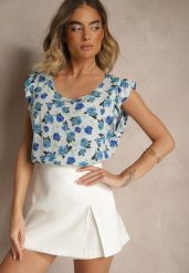 Niebieska Kwiatowa Bluzka z Bawełny Ulosirenia. Niebieskie bluzki damskie Renee, l, bez wzorów, z bawełny, eleganckie, bez kołnierzyka, bez ramiączek. Za 34.99 zł.