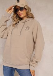 Beżowa Bluza z Kapturem i Ozdobnym Haftem Gamalie. Brązowe bluzy damskie Renee, xl, bez wzorów, casualowe, bez ramiączek, z kapturem. Za 69.99 zł.