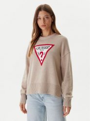Guess Jeans Sweter W4BR12 Z3HM1 Beżowy Relaxed Fit. Brązowe swetry nierozpinane damskie Guess Jeans, s, z aplikacjami, z bawełny, bez kołnierzyka, bez ramiączek. Za 389.99 zł.