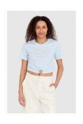 GUESS Niebieski t-shirt damski cropped fit piercing. Niebieskie t-shirty damskie Guess, s, z aplikacjami, z bawełny, bez kołnierzyka, bez ramiączek. W wyprzedaży za 149.99 zł.