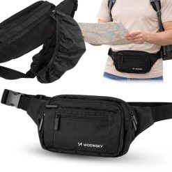 Saszetka nerka Wozinsky wodoodporna regulowana na pas ramię 6 kieszeni trekking. Czarne saszetki i nerki męskie Wozinsky, bez wzorów. Za 59.99 zł.