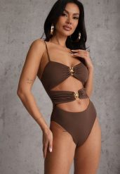 Brązowy Jednoczęściowy Strój Kąpielowy Na Cienkich Ramiączkach ze Złotymi Ozdobami i Wycięciami Nonanoe. Brązowe stroje kąpielowe damskie Renee, l, bez wzorów, z jeansu. Za 109.99 zł.