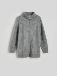 Sweter z rozpinanym golfem - szary. Szare swetry nierozpinane damskie Reserved, l, bez wzorów, z dzianiny, bez kołnierzyka, bez ramiączek. W wyprzedaży za 99.99 zł.