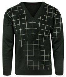 Sweter Zielono-Beżowy w Kratkę, Dekolt w Serek (V-neck) -KINGS- Męski. Zielone swetry męskie Kings, m, bez wzorów, z bawełny, klasyczne, bez kołnierzyka, bez ramiączek. Za 167.00 zł.