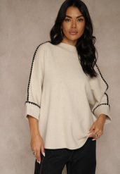 Beżowy Sweter Ozdobiony Lamówką na Rękawach Tusenna. Brązowe swetry nierozpinane damskie Renee, bez wzorów, z jeansu, casualowe, bez kołnierzyka, bez ramiączek. Za 99.99 zł.