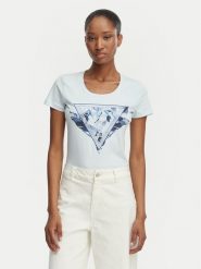 Guess T-Shirt W6GI11 K3026 Niebieski jasny Regular Fit. Niebieskie t-shirty damskie Guess, xxl, z aplikacjami, z bawełny, bez kołnierzyka, bez ramiączek. Za 194.99 zł.