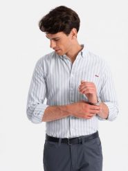 Koszula męska REGULAR FIT w białe paski z kieszonką – szara V1 OM-SHOS-0171 - XXL. Szare koszule męskie Ombre Clothing, l, bez wzorów, z bawełny, biznesowe, bez kołnierzyka, bez ramiączek. W wyprzedaży za 119.99 zł.