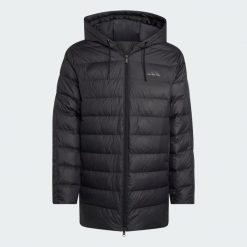 Parka z kapturem Essentials CLIMAWARM 3-Stripes Light Down. Czarne parki męskie Adidas, na zimę, s, bez wzorów, z materiału, klasyczne, bez kołnierzyka, z kapturem. Za 419.99 zł.