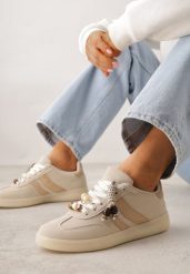 Beżowe Sneakersy Typu Tenisówki Ozdobione Koralikami Daemeli. Brązowe trampki i tenisówki damskie Renee, bez wzorów, z jeansu, bez zapięcia. Za 99.99 zł.