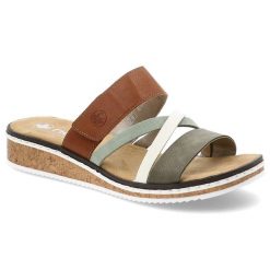 Kolorowe Klapki Rieker Wygodne Obuwie Damskie Z Paseczkami. Klapki damskie Rieker, na lato, z aplikacjami, z materiału, eleganckie, bez obcasa, na koturnie, bez zapięcia. Za 229.00 zł.