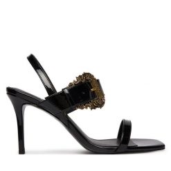 Sandały Versace Jeans Couture. Czarne sandały damskie Versace Jeans Couture, bez wzorów, z jeansu, bez obcasa, na szpilce, bez zapięcia. Za 869.99 zł.