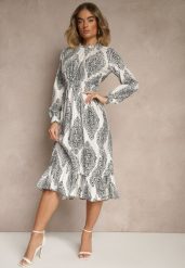 Biała Rozkloszowana Sukienka w Etniczny Print z Gumką w Talii i Falbanką Napirea. Białe sukienki damskie Renee, na co dzień, m, bez wzorów, eleganckie, bez kołnierzyka, bez ramiączek, midi, rozkloszowane. Za 89.99 zł.