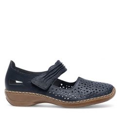 Półbuty Rieker. Niebieskie półbuty damskie Rieker, bez wzorów, bez obcasa, na płaskiej podeszwie, bez zapięcia. Za 299.99 zł.