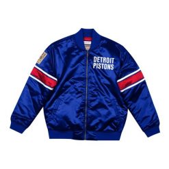 Satynowa bluza dresowa Detroit Pistons. Niebieskie bluzy męskie Mitchell & Ness, bez wzorów, z dresówki, sportowe, bez ramiączek, bez kaptura. Za 525.50 zł.