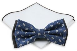 Granatowa Mucha, Wzór Paisley + Biała Poszetka - Chattier, Męska. Niebieskie krawaty i muchy Chattier, bez wzorów, eleganckie. Za 59.00 zł.