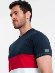 T-shirt męski trójkolorowy w szerokie pasy - granatowo-biały V1 - Rozmiar: XXL. Niebieskie t-shirty męskie Ombre Clothing, m, z aplikacjami, z bawełny, bez kołnierzyka, bez ramiączek. W wyprzedaży za 19.99 zł.