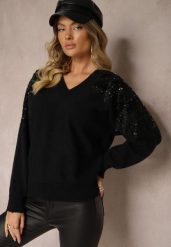 Czarny Sweter o Kroju Nietoperza Ozdobiony Cekinami i Cyrkoniami Nevarraea. Czarne swetry nierozpinane damskie Renee, z aplikacjami, z jeansu, casualowe, bez kołnierzyka, bez ramiączek. Za 119.99 zł.