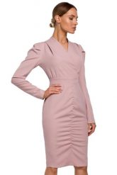 Sukienka elegancka kopertowa sukienka midi z marszczeniami pudrowy róż. Czerwone sukienki damskie Sukienki.shop, do pracy, s, bez wzorów, biznesowe, bez kołnierzyka, bez ramiączek, midi, kopertowe. W wyprzedaży za 209.00 zł.