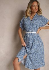 Granatowa Koszulowa Sukienka z Bawełny w Kwiaty o Rozkloszowanym Fasonie Sarilon. Niebieskie sukienki damskie Renee, na co dzień, l, bez wzorów, z bawełny, eleganckie, bez kołnierzyka, bez ramiączek, midi, koszulowe. Za 44.99 zł.