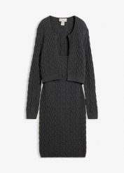 Sukienka dzianinowa z modnym bolero - optyka 2 w 1. Niebieskie sukienki damskie bonprix, bez wzorów, z dzianiny, bez kołnierzyka, bez ramiączek. Za 129.99 zł.