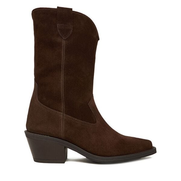 Kowbojki Badura. Brązowe botki damskie Badura, bez wzorów, bez obcasa, na słupku, bez zapięcia. Za 259.99 zł.