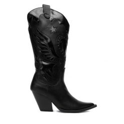Kowbojki DeeZee. Czarne kozaki damskie DeeZee, bez wzorów, bez obcasa, na słupku, bez zapięcia. Za 259.99 zł.