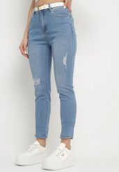 Jasnoniebieskie Jeansy o Dopasowanym Kroju z Wysokim Stanem Zdobione Przetarciami Paldriela. Niebieskie jeansy damskie Born2be, z aplikacjami, z jeansu, z podwyższonym stanem. Za 79.99 zł.