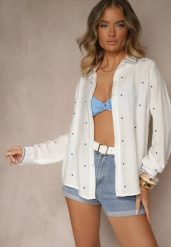 Biało-Niebieska Koszula z Wiskozy w Serca Koliselle. Białe koszule damskie Renee, l, bez wzorów, z wiskozy, eleganckie, bez kołnierzyka, bez ramiączek. Za 79.99 zł.