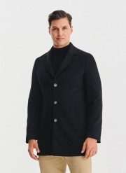 PAKO LORENTE – Czarny płaszcz z wełną. Czarne płaszcze męskie Pako Lorente, na zimę, m, bez wzorów, z poliesteru, bez kołnierzyka, bez kaptura. Za 699.99 zł.