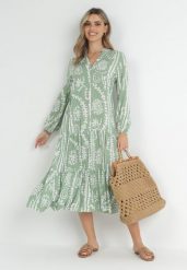 Jasnozielona Sukienka Oversize z Falbaną na Dole i Ornamentalnym Wzorem Amycia. Zielone sukienki damskie Born2be, m, z aplikacjami, retro, bez kołnierzyka, bez ramiączek, midi, oversize. Za 119.99 zł.