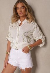 Biało-Zielona Koszula o Kroju Oversize z Podpinanymi Rękawami i Ozdobnym Haftem Follenea. Białe koszule damskie Renee, z aplikacjami, z jeansu, eleganckie, bez kołnierzyka, bez ramiączek. Za 74.99 zł.