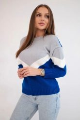 Sweter w geometryczne wzory szary+chabrowy. Niebieskie swetry nierozpinane damskie KESI, na zimę, l, bez wzorów, z wełny, klasyczne, bez kołnierzyka, plus size, bez ramiączek. Za 158.92 zł.