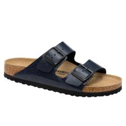 Klapki damskie Birkenstock Arizona BS Birko-flor. Niebieskie klapki damskie Birkenstock, bez wzorów, z materiału, eleganckie, bez obcasa, bez zapięcia. Za 287.00 zł.