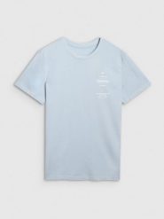 4F T-shirt regular z nadrukiem męski - niebieski L. Niebieskie t-shirty męskie 4F, l, bez wzorów, z bawełny, bez kołnierzyka, bez ramiączek. Za 69.99 zł.