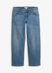 Jeansy o kroju barrel, mid waist. Niebieskie jeansy damskie bonprix, bez wzorów, z jeansu. Za 124.99 zł.