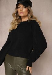 Czarny Sweter z Wiskozą i Splotem w Stylu Warkocz z Półgolfem Sinithia. Czarne swetry nierozpinane damskie Renee, na zimę, bez wzorów, z wiskozy, casualowe, bez kołnierzyka, bez ramiączek. Za 99.99 zł.