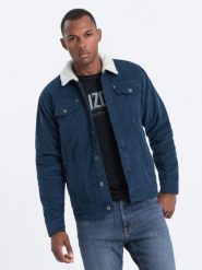 Kurtka męska sztruksowa typu sherpa - granatowa V8 C524 - S. Niebieskie kurtki męskie Ombre Clothing, na jesień, m, bez wzorów, ze sztruksu, klasyczne, bez kaptura. W wyprzedaży za 99.99 zł.