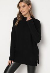 Czarny Sweter z Półgolfem z Prążkowanej Dzianiny z Wycięciami po Bokach Rerivra. Czarne swetry nierozpinane damskie Born2be, uniwersalny, bez wzorów, z dzianiny, eleganckie, bez kołnierzyka, bez ramiączek. Za 84.99 zł.