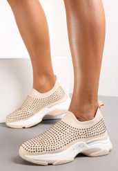 Beżowe Buty Sportowe na Grubej Podeszwie w Cyrkonie Elerene. Brązowe obuwie sportowe damskie Renee, bez wzorów, bez zapięcia. Za 49.99 zł.
