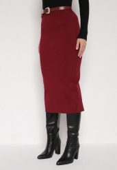 Bordowa Ołówkowa Spódnica z Wiskozą Zdobiona Rozcięciem i Paskiem Rowedela. Czerwone spódnice damskie Born2be, na co dzień, m, z aplikacjami, z wiskozy, eleganckie, midi, koszulowe. Za 79.99 zł.