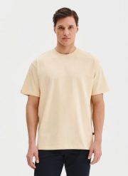 PAKO LORENTE – Beżowy t-shirt oversize. Brązowe t-shirty męskie Pako Lorente, xl, bez wzorów, z bawełny, bez kołnierzyka, bez ramiączek. Za 69.99 zł.