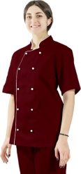 Visent BLUZA GASTRONOMICZNA KITEL KUCHARSKI Z LAMÓWKĄ bordowy / biała lamówka S. Białe bluzy męskie Visent, m, bez wzorów, bez ramiączek, bez kaptura. Za 79.99 zł.