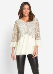 Tunika z koronką. Białe tuniki damskie bonprix, bez wzorów, z koronki, bez ramiączek. Za 169.99 zł.