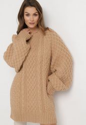 Beżowy Sweter o Wydłużonym Fasonie z Modnym Splotem Ahexa. Brązowe swetry nierozpinane damskie Born2be, bez wzorów, ze splotem, bez kołnierzyka, bez ramiączek. Za 149.99 zł.
