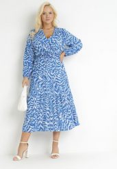 Niebieska Kopertowa Sukienka Maxi z Wiązanym Paskiem Aprlia. Niebieskie sukienki damskie Born2be, l, bez wzorów, z materiału, bez kołnierzyka, bez ramiączek, maxi, kopertowe. Za 54.99 zł.