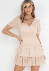 Beżowa Rozkloszowana Sukienka Mini z Krótkimi Rękawami i Błyszczącą Nitką Imaya. Brązowe sukienki damskie Born2be, na wiosnę, m, bez wzorów, z tkaniny, bez kołnierzyka, bez ramiączek, mini, rozkloszowane. Za 129.99 zł.