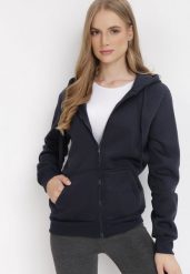 Granatowa Bluza z Kapturem Zapinana na Suwak Bran. Niebieskie bluzy damskie Born2be, l, bez wzorów, z materiału, eleganckie, bez ramiączek, z kapturem. Za 39.99 zł.