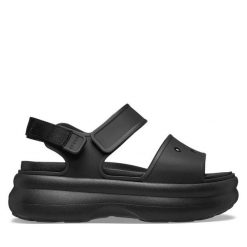 Sandały Crocs. Czarne sandały damskie Crocs, bez wzorów, bez obcasa, na płaskiej podeszwie, bez zapięcia. Za 249.99 zł.